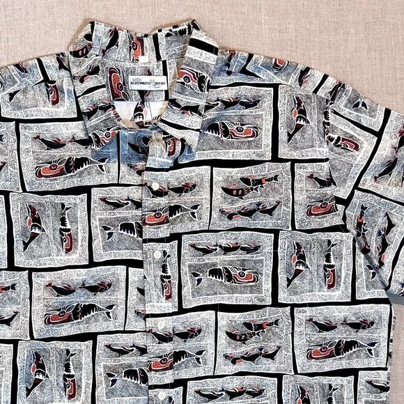Vintage 90s AFTCO Bluewater Wear Fishing Shirt XXL Made in USA Tribal Fish Print - Picture 1 of 9
